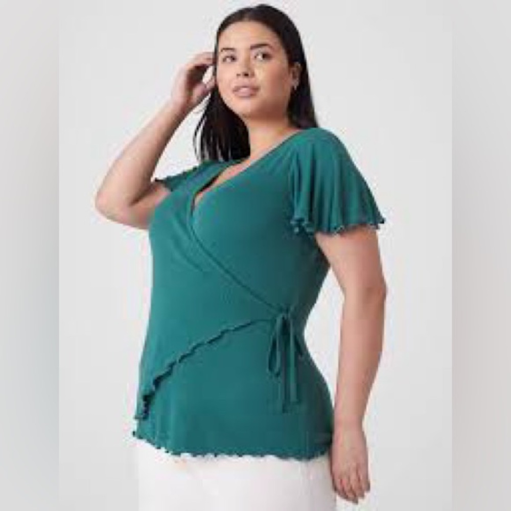 Lane‎ Bryant Turquoise Knit Wrap Top with Flutter Sleeves